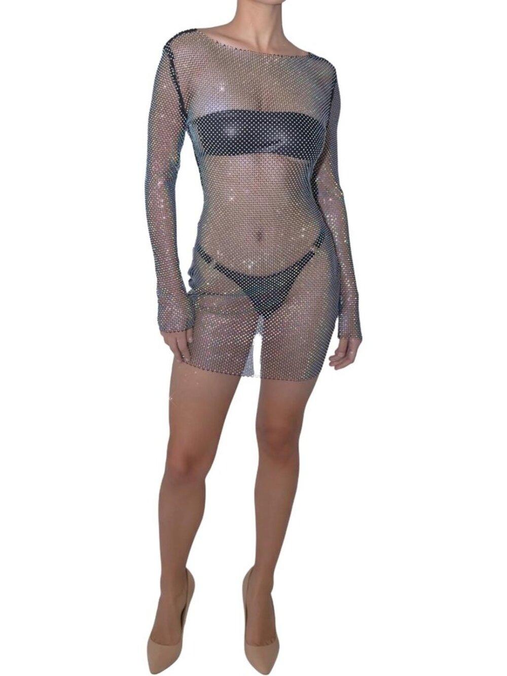 Sparkly Rhinestone Bodycon Mini Dress with Sheer Mesh Long Sleeves for Parties